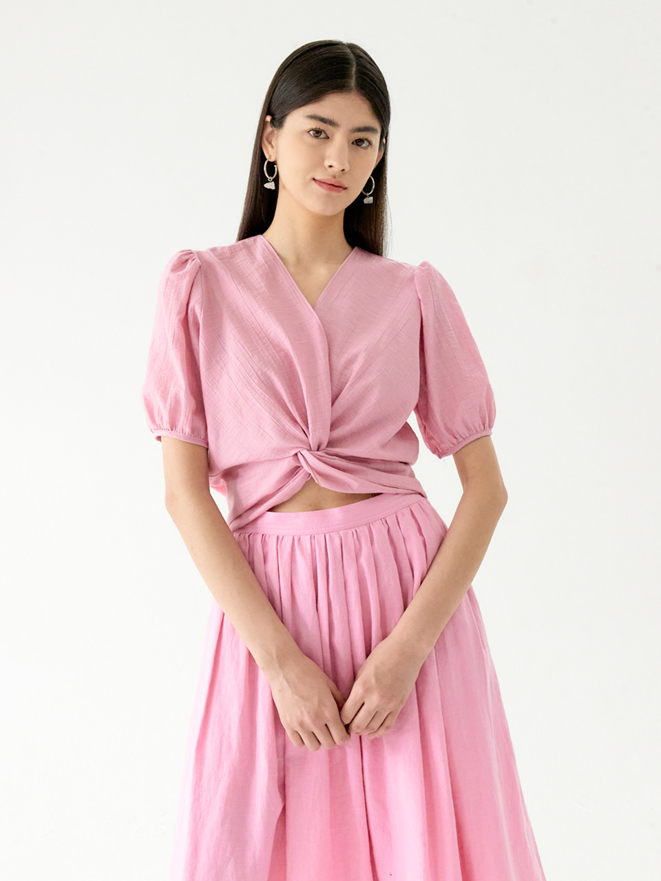 Front Shirring Blouse  (Pink)