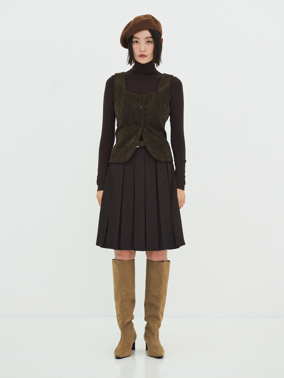 Half Pleated Skirt (Brown)